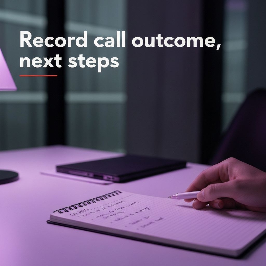 Record call outcome, next steps, con